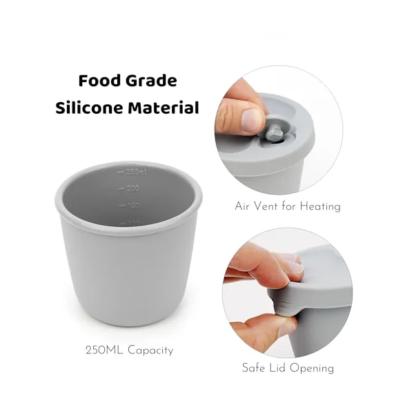 2-Pack Silicone Soup Cups & Travel Mugs (8.5oz) – Leakproof Food Storage Containers with Removable Air Vent – Microwavable Splatter-Proof Bowls for Oatmeal, Coffee, Milk & Snacks – Grey & Mint