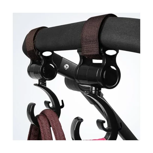 2pcs Stroller Hooks with Detachable Straps, Multipurpose Bag Hanger Clips for Stroller, Electric Scooter, Wheelchair – Green and Brown, No- -and-Loop Attachment for Shopping