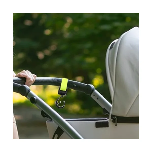 2pcs Stroller Hooks with Detachable Straps, Multipurpose Bag Hanger Clips for Stroller, Electric Scooter, Wheelchair – Green and Brown, No- -and-Loop Attachment for Shopping