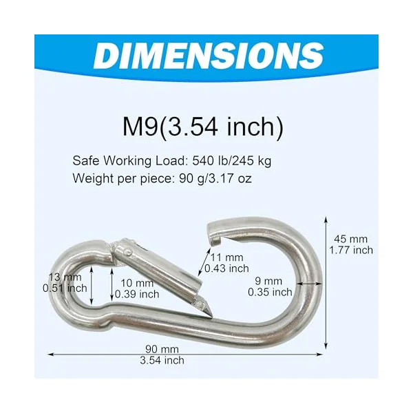 304 Stainless Steel Carabiners - Heavy Duty, Durable & Rust-Free Clips for Gym, Swing, Dog Leashes, Hammocks, Keychains, and More
