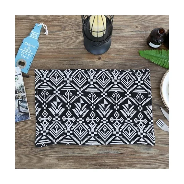 30 x 40 cm Place Mats with Motif 8, Cotton Linen Table Mats Geometric Pattern, Square Place Mat Washable with Motif for Dining Table, Anti-Fouling and Easy to Clean, Black