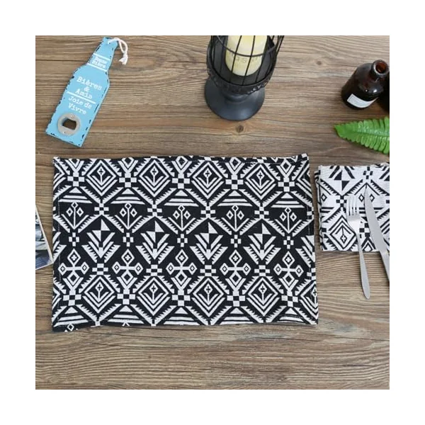 30 x 40 cm Place Mats with Motif 8, Cotton Linen Table Mats Geometric Pattern, Square Place Mat Washable with Motif for Dining Table, Anti-Fouling and Easy to Clean, Black