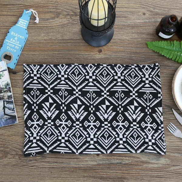 30 x 40 cm Place Mats with Motif 8, Cotton Linen Table Mats Geometric Pattern, Square Place Mat Washable with Motif for Dining Table, Anti-Fouling and Easy to Clean, Black