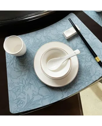30 x 50 cm Table Placemats, Set of 8, PU Leather Table Mat, Flower Pattern, Square Place Mats, Washable with Motif for Home, Sky Blue