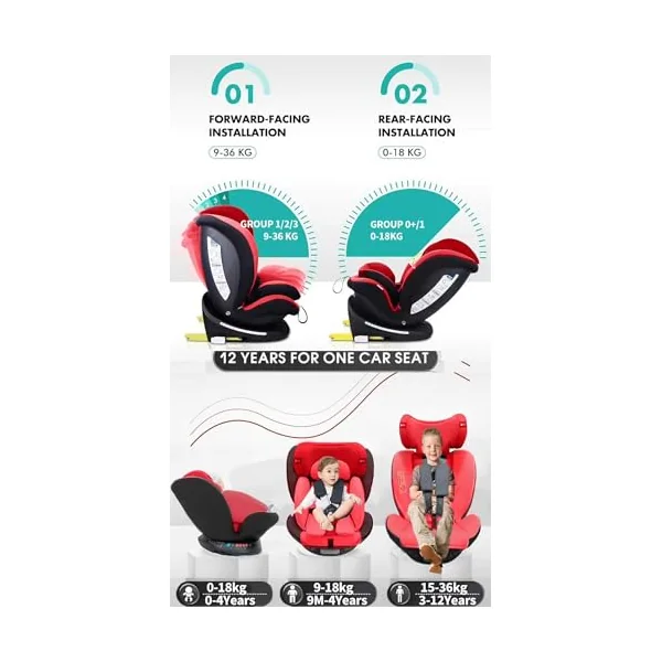 360° Rotating Car Seat, Baby Carriage, Car Infant Seat, Baby Booster Seat, R129, ISOFIX, Birth to 12yrs (40-150cm), Group 0+/1/2/3, i-Size, Recline 170°, Swivel, 0-36 KG Newborn