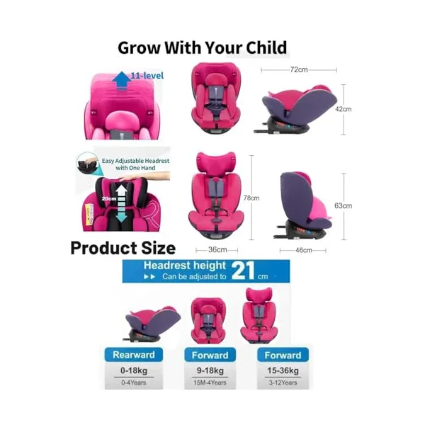360° Rotating Car Seat, Baby Carriage, Car Infant Seat, Baby Booster Seat, R129, ISOFIX, Birth to 12yrs (40-150cm), i-Size, Group 0+/1/2/3, Swivel, Recline 170°, 0-36 KG Newborn, Pink