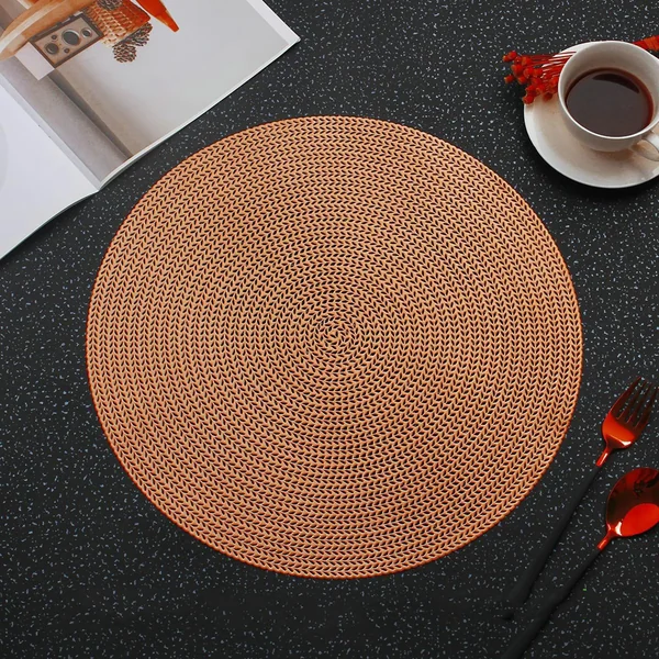 38 cm Decorative Place Mats, PVC Table Coasters, Wheat Pattern, Round Placemats, Washable, Modern, for Kitchen, Dining Table, Bronze