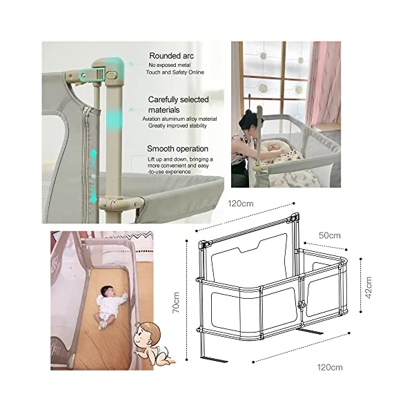 3 in 1 Baby bassinets bedside sleeper,120x50cm,co sleeper for baby in bed,Portable Crib,co sleeper bassinet attach to bed,baby beds,breathable and visible mesh window and sturdy aluminum alloy ( Color