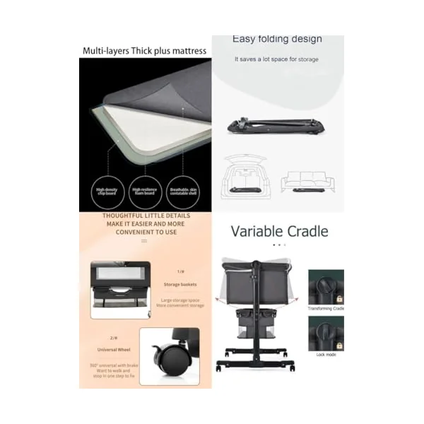 3 in 1 Baby Crib, Baby Cradle, Bassinet, Infant Cot, Bedside Sleeper, Travel Cot, with Mattress and Changing Table, Folding, Adjustable, Rocking, Portable Crib, Mosquito Net and Wheels New