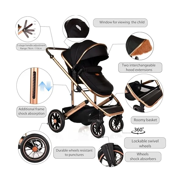 3 in 1 Baby Pram Travel System with Car Seat Lightweight Buggy Foldable Pushchair for Newborn and Toddlers up to 22kg NEW 2025 Style (Black - Gold)