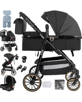 3 in 1 Baby Stroller Travel System, Foldable Pushchair, Baby Stroller 3 in 1 with Reversible Two Pushing Modes, Multifunctional High Landscape Buggy (V8 Black)