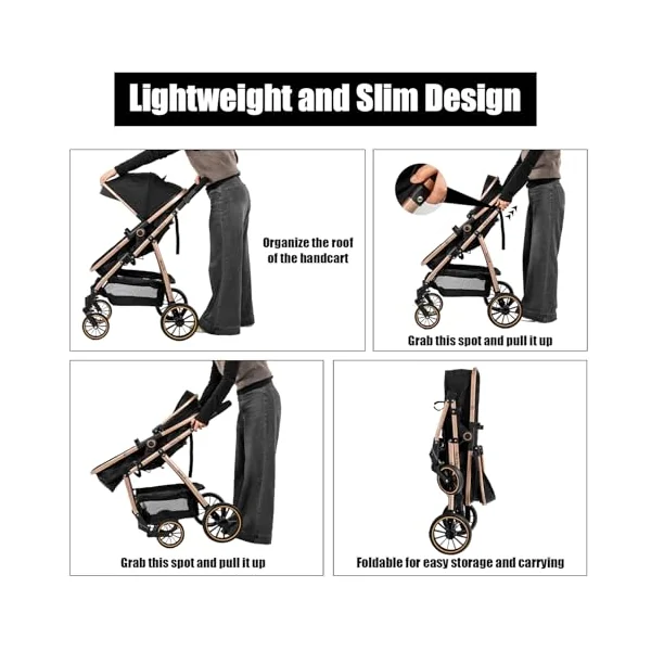 3 in 1 Baby Stroller Travel System, Foldable Pushchair, Baby Stroller 3 in 1 with Reversible Two Pushing Modes, Multifunctional High Landscape Buggy (V8 Black)