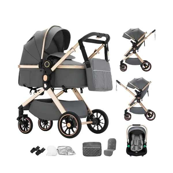 3 in 1 Baby Stroller with Height Adjustable Handle,3 in 1 Prams Travel System, Lightweight Foldable Pushchair, Prams with Aluminum Frame for Portable Baby Carriage (U9-X//Dark Grey, U9-X)