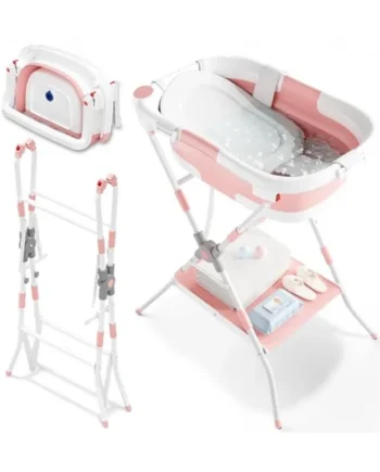 3 in 1 Foldable Baby Bath with Stand, Baby Bathtub with Bath Support Net, Suitable for Newborns to Toddlers, Multi-Use and Folding Design for Storage, Ideal for Travel and Outdoor, Pink