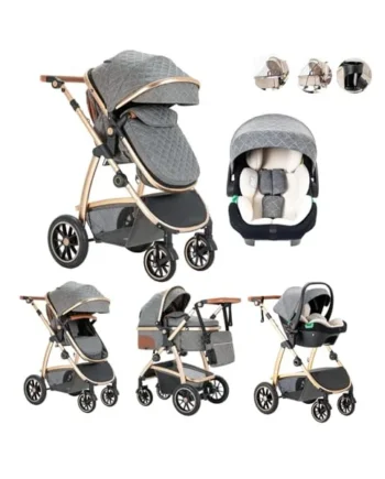 3 in 1 Pram Travel System, Baby Stroller with ECE R129 Car Seat, Pushchair Height Adjustable Handle with Rain Cover, High View Aluminum Frame Pram for Newborn (0-4 Years, 22KG)