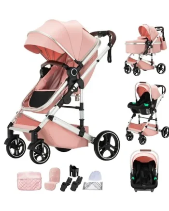 3 in 1 Prams Travel System, Travel Pram with Mosquito Net Raincoat, Pushchair with Height Adjustable Handle for Newborn 0-22KG, Baby Stroller with Aluminum Frame (H9 Pink, H9)