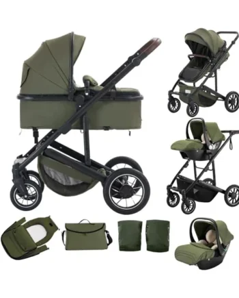 3 in 1 Pushchair, Travel System,Green-Pushchair and Pram, 22Kg | Compact Stroller with Mosquito Net Rain Cover, with Adjustable Handle, Lightweight Stroller with Frame Made of Aluminium