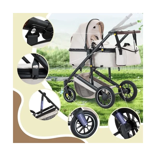 3 in 1 Pushchair, Travel System,Green-Pushchair and Pram, 22Kg | Compact Stroller with Mosquito Net Rain Cover, with Adjustable Handle, Lightweight Stroller with Frame Made of Aluminium