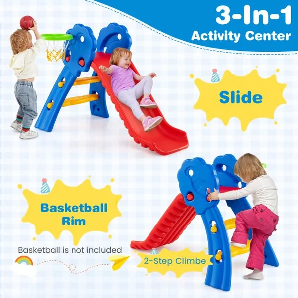 3 in 1 Toddler Slide with Basketball Hoop for Indoor and Outdoor Playground