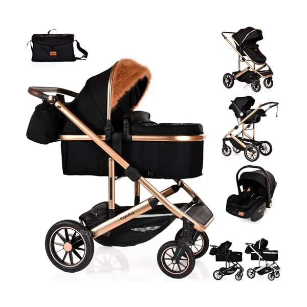 3 in 1 Travel System Baby Pram Buggy with Car Seat Pushchair Carriage Child Lightweight Folding Stroller for Newborns Toddlers from Birth up to 22kg New 2025 Style (BB1 - Black Gold, BB1)