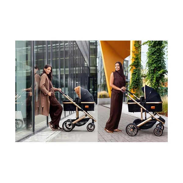 3 in 1 Travel System Baby Pram Buggy with Car Seat Pushchair Carriage Child Lightweight Folding Stroller for Newborns Toddlers from Birth up to 22kg New 2025 Style (BB1 - Black Gold, BB1)