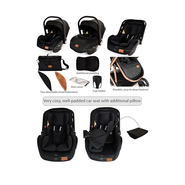 3 in 1 Travel System Baby Pram Buggy with Car Seat Pushchair Carriage Child Lightweight Folding Stroller for Newborns Toddlers from Birth up to 22kg New 2025 Style (BB1 - Black Gold, BB1)