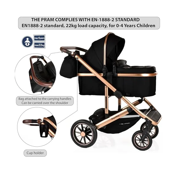 3 in 1 Travel System Baby Pram Buggy with Car Seat Pushchair Carriage Child Lightweight Folding Stroller for Newborns Toddlers from Birth up to 22kg New 2025 Style (BB1 - Black Gold, BB1)