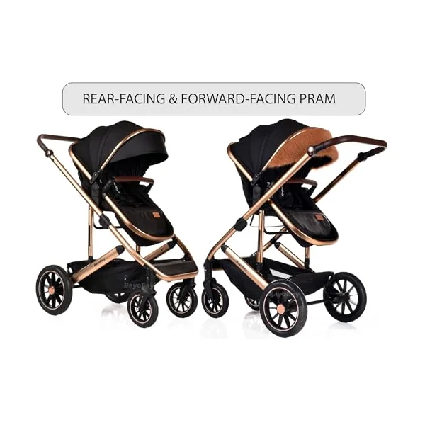 3 in 1 Travel System Baby Pram Buggy with Car Seat Pushchair Carriage Child Lightweight Folding Stroller for Newborns Toddlers from Birth up to 22kg New 2025 Style (BB1 - Black Gold, BB1)