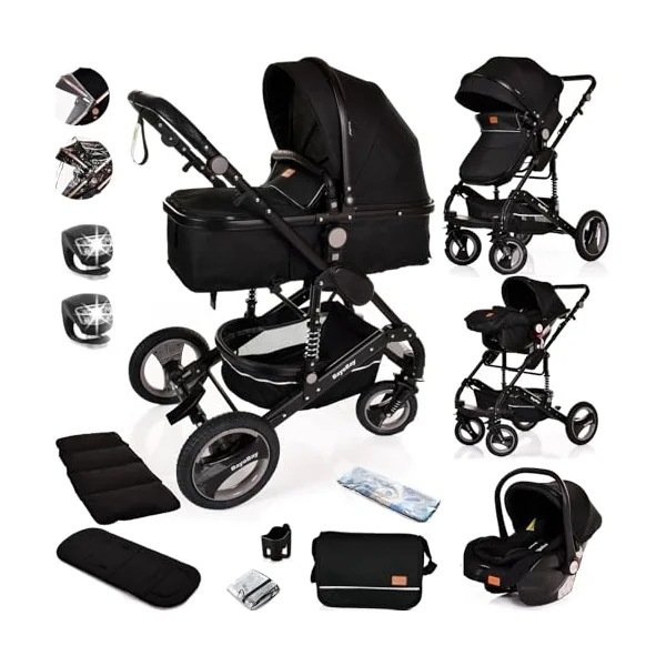 3 in 1 Travel System Baby Pram Buggy with Car Seat Pushchair Carriage Child Lightweight Folding Stroller for Newborns Toddlers from Birth up to 22kg NEW 2025 Style (BB2 - Black - Black, BB2)