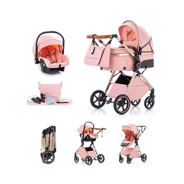3 in 1 Travel System, Foldable Pram, 7 Height-Adjustable Handle, Stroller 4-PU Wheel Suspension, Baby Pram with Mosquito Net Raincover, Newborn Pushchair 0-3 Years