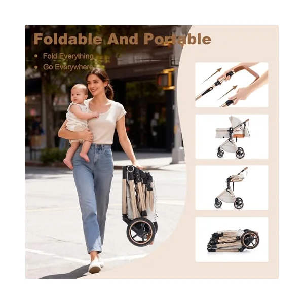 3 in 1 Travel System, Foldable Pram, 7 Height-Adjustable Handle, Stroller 4-PU Wheel Suspension, Baby Pram with Mosquito Net Raincover, Newborn Pushchair 0-3 Years