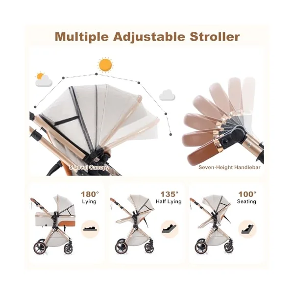 3 in 1 Travel System, Foldable Pram, 7 Height-Adjustable Handle, Stroller 4-PU Wheel Suspension, Baby Pram with Mosquito Net Raincover, Newborn Pushchair 0-3 Years