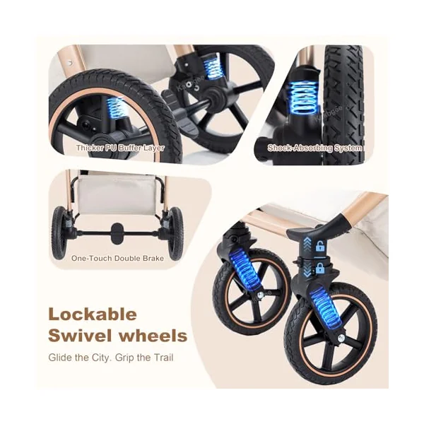 3 in 1 Travel System, Foldable Pram, 7 Height-Adjustable Handle, Stroller 4-PU Wheel Suspension, Baby Pram with Mosquito Net Raincover, Newborn Pushchair 0-3 Years