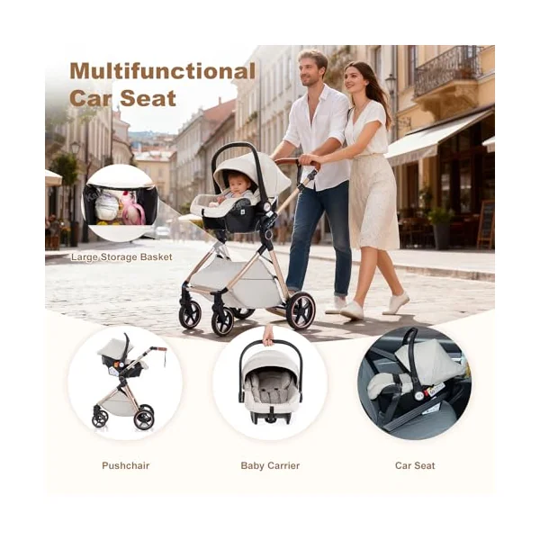 3 in 1 Travel System, Foldable Pram, 7 Height-Adjustable Handle, Stroller 4-PU Wheel Suspension, Baby Pram with Mosquito Net Raincover, Newborn Pushchair 0-3 Years