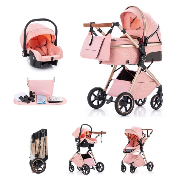 3 in 1 Travel System, Foldable Pram, 7 Height-Adjustable Handle, Stroller 4-PU Wheel Suspension, Baby Pram with Mosquito Net Raincover, Newborn Pushchair 0-3 Years