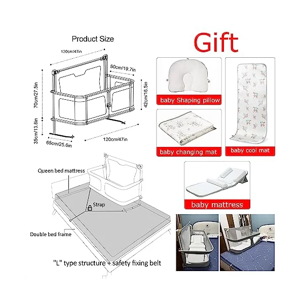 3 In 1Baby Bedside Sleeper,Multifunctional Mattress,summer Cool Mat,changing Mat And Shaping Pillow,breathable And Visible Mesh Window,soft Washable Liner Cover,bed Attachment For Baby For Co Sleeping
