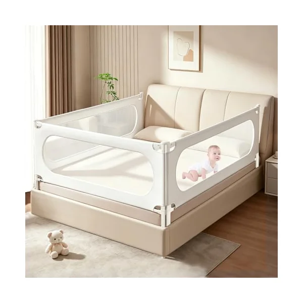3 Piece Bed Rail for Toddlers, Bed Rails for King Bed, Double Lock Kids Bed Guard with Seamless Fit, Single-Side Lifting Design, Breathable Mesh & Thick Padded Cover(78.7*78.7*74.8 Inch- King Size)