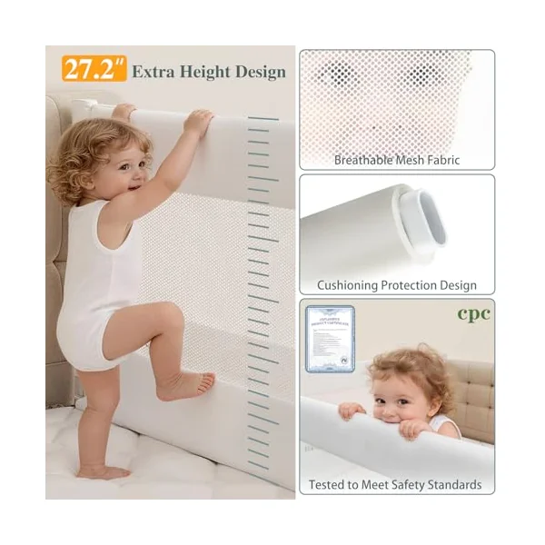 3 Piece Bed Rail for Toddlers, Bed Rails for King Bed, Double Lock Kids Bed Guard with Seamless Fit, Single-Side Lifting Design, Breathable Mesh & Thick Padded Cover(78.7*78.7*74.8 Inch- King Size)