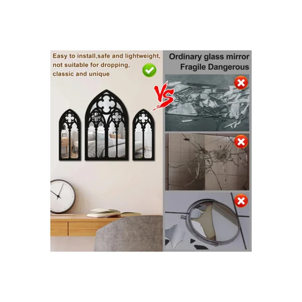 3 Pieces Arched Window Mirror Wall Mounted Garden Indoor Outdoor Decor