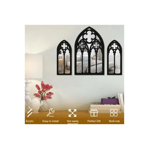 3 Pieces Arched Window Mirror Wall Mounted Garden Indoor Outdoor Decor
