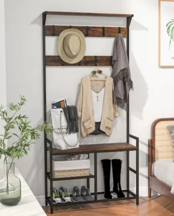 3-in-1 Coat Rack Freestanding Industrial Entryway Storage Shelf