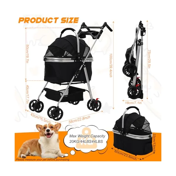 3-in-1 Foldable Pet Stroller with Detachable Carrier,Cup Holder&Storage Bag | Dog Stroller for Medium Pets with Rotatable Armrests ,Window&360° Wheels,One-Click Foldable Pram,Travel Carrier for Pets