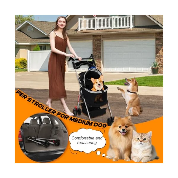 3-in-1 Foldable Pet Stroller with Detachable Carrier,Cup Holder&Storage Bag | Dog Stroller for Medium Pets with Rotatable Armrests ,Window&360° Wheels,One-Click Foldable Pram,Travel Carrier for Pets