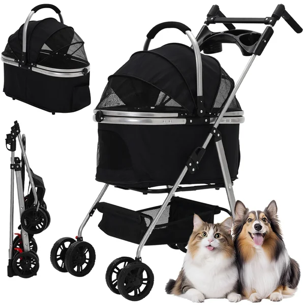 3-in-1 Foldable Pet Stroller with Detachable Carrier,Cup Holder&Storage Bag | Dog Stroller for Medium Pets with Rotatable Armrests ,Window&360° Wheels,One-Click Foldable Pram,Travel Carrier for Pets