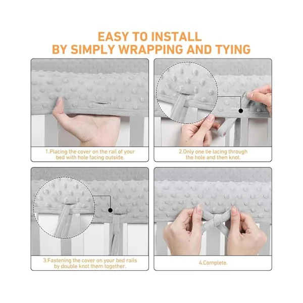 3pcs Baby Crib Rail Cover Protector Set - Cot Rail Protectors Safe Teething Guard Wrap for Standard Crib - 128x18 cm/68x18 cm Cot Teething Rail Protectors (Grey)