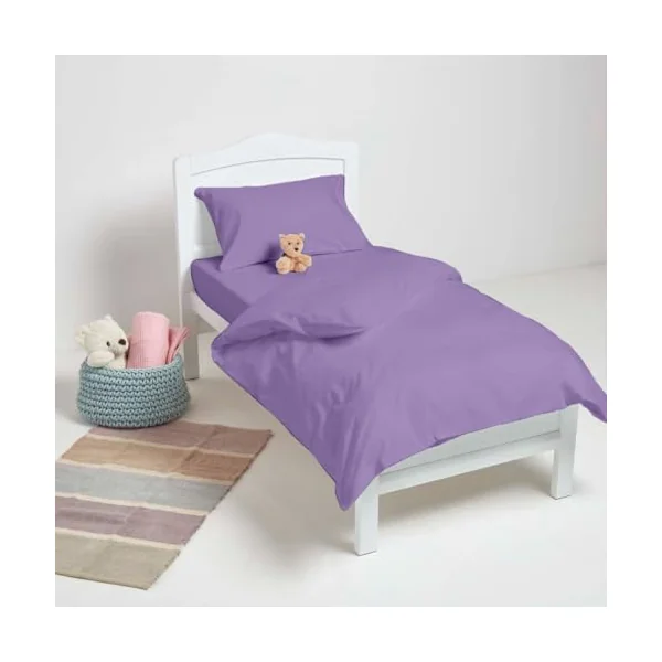 3Pcs Cot Bed Duvet Cover Set 100% Egyptian Cotton | Include 1 x Duvet Cover, 1x Fitted Sheet and 1x Pillowcase | 200 Thread Count Toddler Cot Bedding, Kids Quilt Comforter Cover(Lilac)