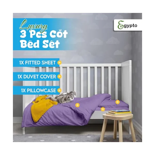 3Pcs Cot Bed Duvet Cover Set 100% Egyptian Cotton | Include 1 x Duvet Cover, 1x Fitted Sheet and 1x Pillowcase | 200 Thread Count Toddler Cot Bedding, Kids Quilt Comforter Cover(Lilac)