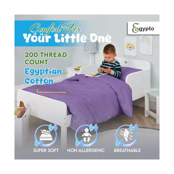3Pcs Cot Bed Duvet Cover Set 100% Egyptian Cotton | Include 1 x Duvet Cover, 1x Fitted Sheet and 1x Pillowcase | 200 Thread Count Toddler Cot Bedding, Kids Quilt Comforter Cover(Lilac)