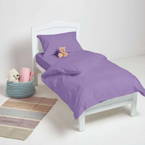 3Pcs Cot Bed Duvet Cover Set 100% Egyptian Cotton | Include 1 x Duvet Cover, 1x Fitted Sheet and 1x Pillowcase | 200 Thread Count Toddler Cot Bedding, Kids Quilt Comforter Cover(Lilac)