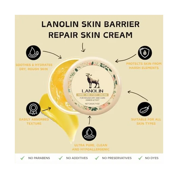 3PCS Natural Lanolin Cream for Hands & Foot,Foot Moisturizer for Dry Cracked Feet/Skin,Lanolin Nipple Cream Lip Balm for Discomfort &Eczema,Skin Barrier Repair Skin Cream Multi-Purpose Soothing Lotion